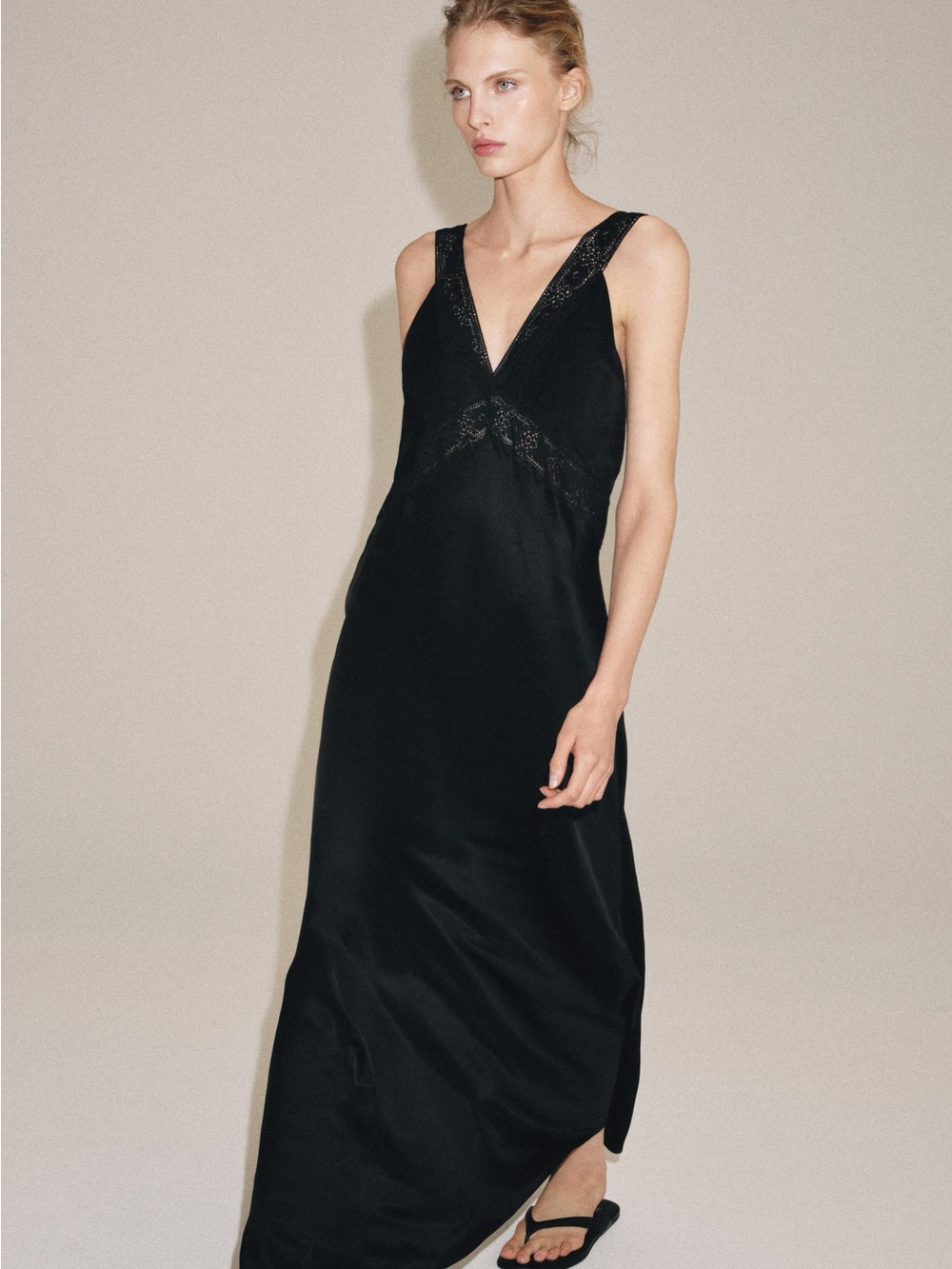 Zara Black V-Neck Satin Maxi Dress with Lace Insets